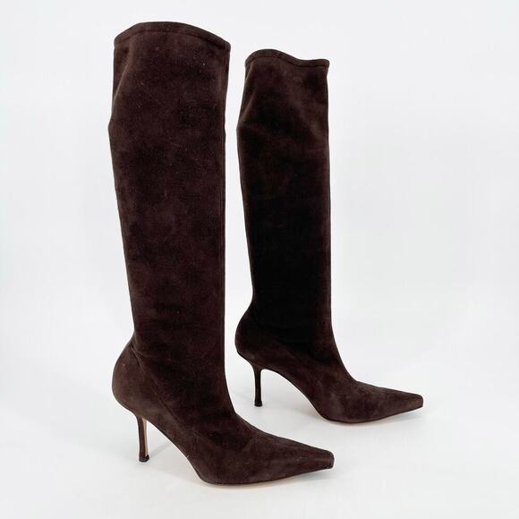 Vintage Jimmy Choo Coffee Brown Stevie Suede Knee High Pointed Toe Boot IT 41 - Picture 1 of 10